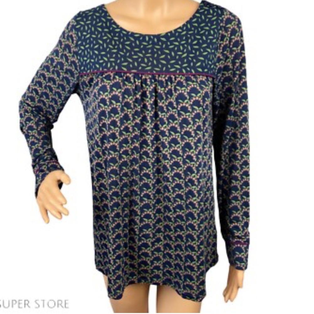 Boden Chepstow Navy Leaf Print Pleated Jersey Knit Top